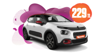 Citroën C3 Benzinli, Otomatik Hafta İçi 229 TL Hafta Sonu 265 TL Araç Kiralama Kampanyası